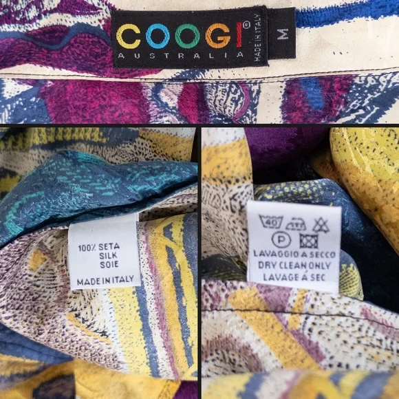 Vintage 90s COOGI Australia 100% Silk Abstract 3D Print Long Sleeve Button Down